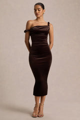 Carella | Brown Velvet Twisted Asymmetric Midi Dress