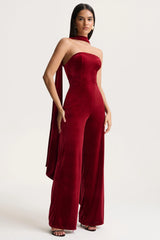 Arcane | Burgundy Velvet Bandeau Jumpsuit With Scarf