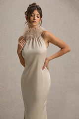 Bianca | Champagne Satin Feather-Trim Maxi Dress