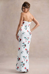 Azra | Rose Print Satin Bandeau Maxi Dress