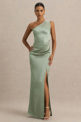 Beth | Sage Asymmetric Neckline High-Split Maxi Dress
