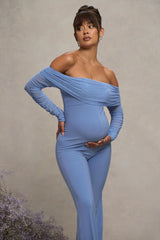 Count Down | Powder Blue Maternity Ruched Mesh Bardot Jumpsuit
