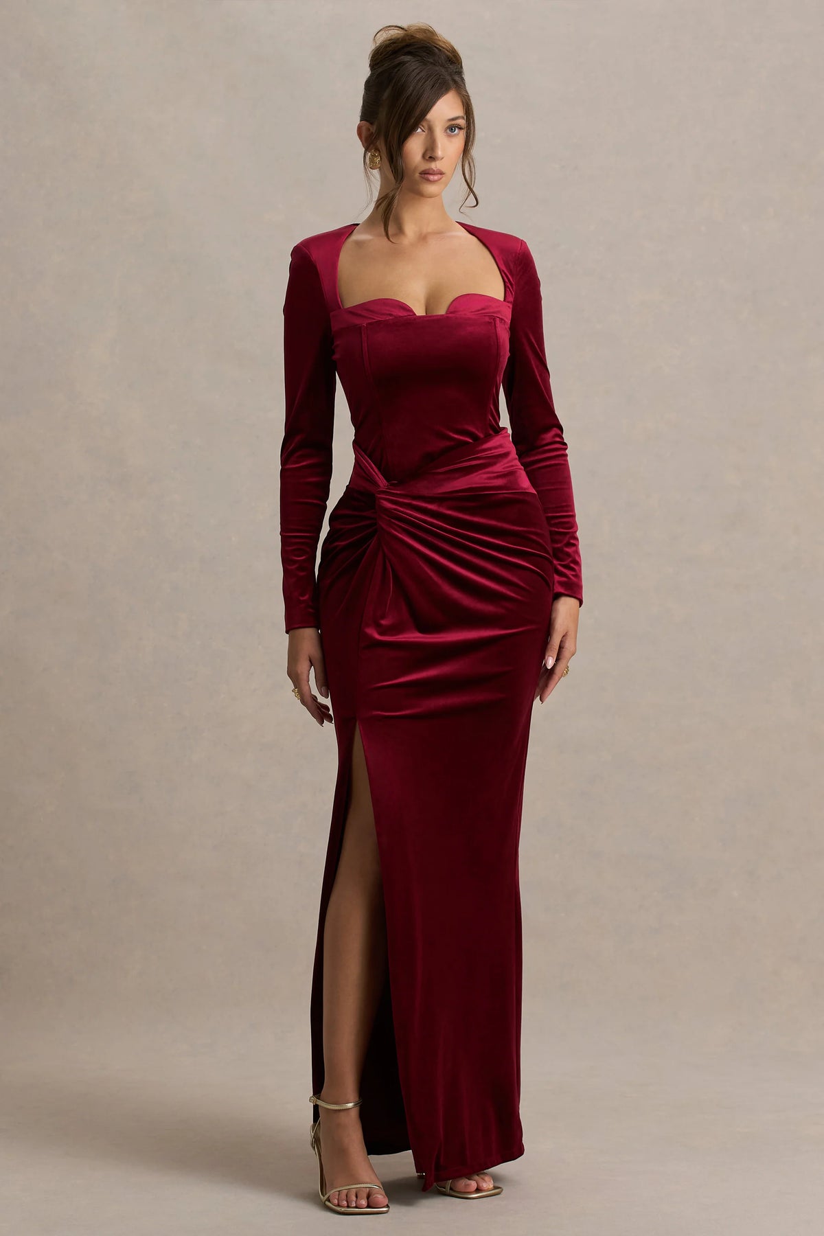 Fay | Berry Velvet Corset Style Knot Maxi Dress