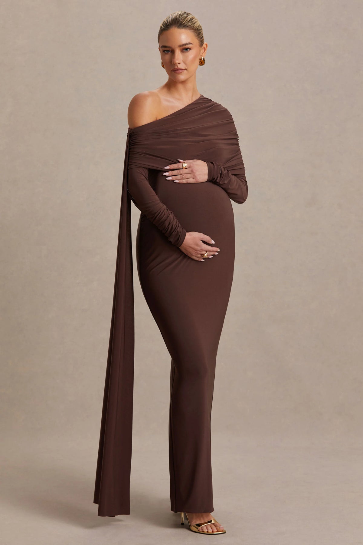 Cyra | Brown Bardot-Neck Maternity Maxi Dress With Sash