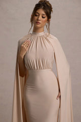 Darielle | Champagne High-Neck Cape-Sleeve Maxi Dress