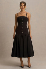 Briella | Black Bandeau Midi Dress With Gold-Button Detailing