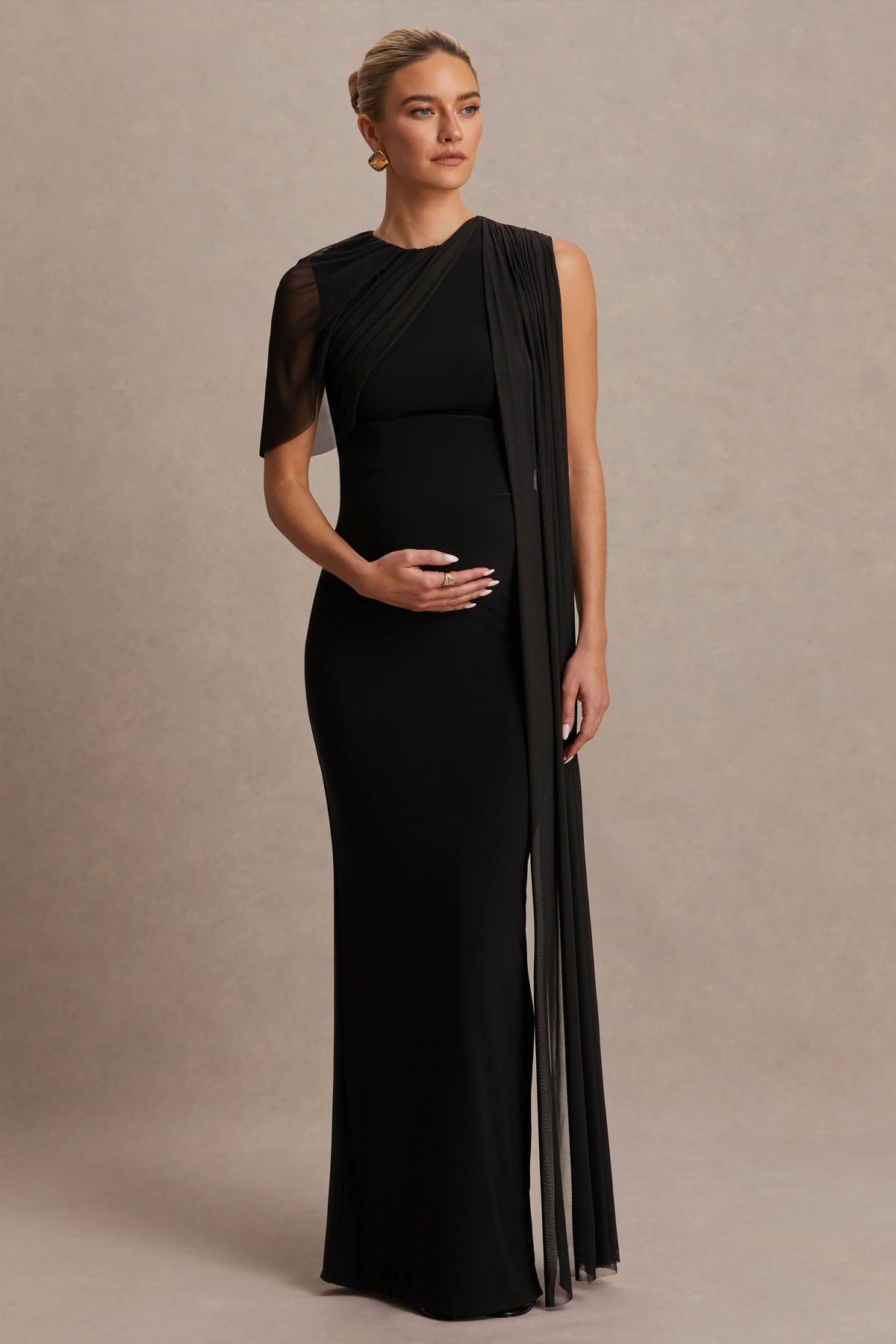 Amelise | Black High-Neck Maternity Maxi Dress With Mesh-Cape Sleeve And Sash Detail