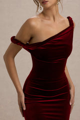 Carella | Berry Velvet Twisted Asymmetric Midi Dress