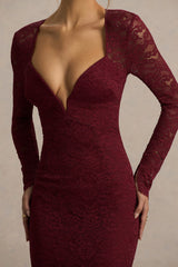 Camilly | Burgundy Lace Plunge-Neck Mermaid Midi Dress