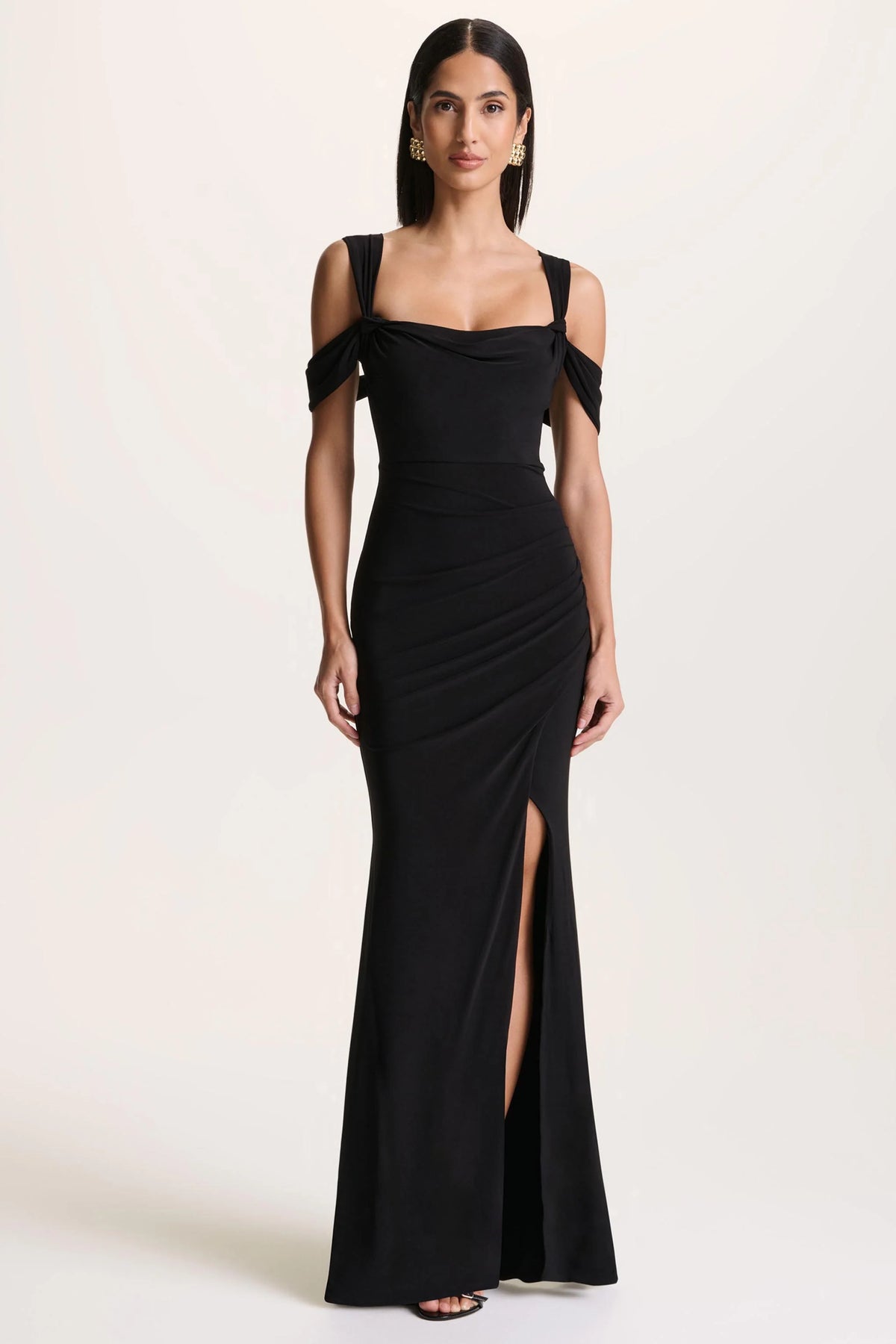 Amoura | Black Square-Neck Draped Wrap Maxi Dress