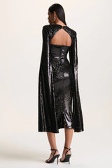Adeline | Black Sequin Crew-Neck Midi Dress With Cape Sleeves
