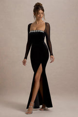 Ashby | Black Velvet Embellished Square-Neck Split Maxi Dress