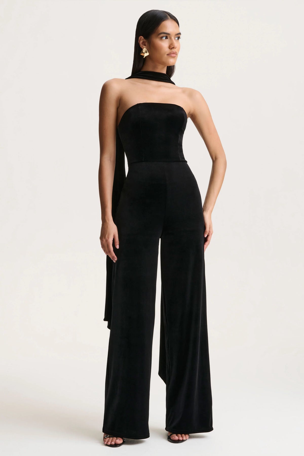 Arcane | Black Velvet Bandeau Jumpsuit With Scarf
