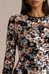 Adaline | Black Velvet & Embellished Sequin Floral Long-Sleeved Mini Dress