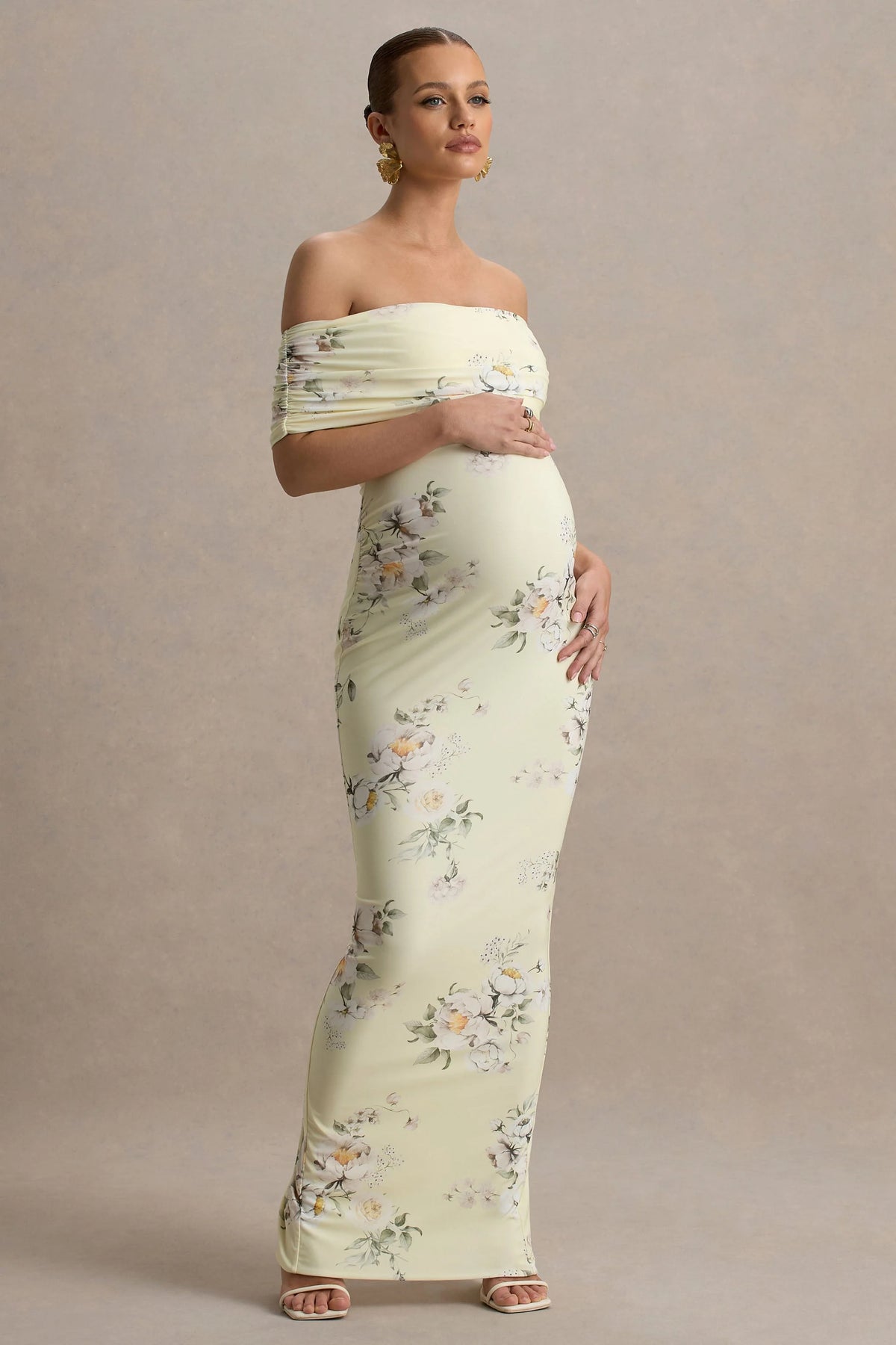 Cindy | Lemon Floral Bouquet Print Bardot-Neck Maternity Maxi Dress With Ruched Detail