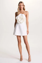 Daffodil | White Bandeau Mini Dress With Large Floral Corsage