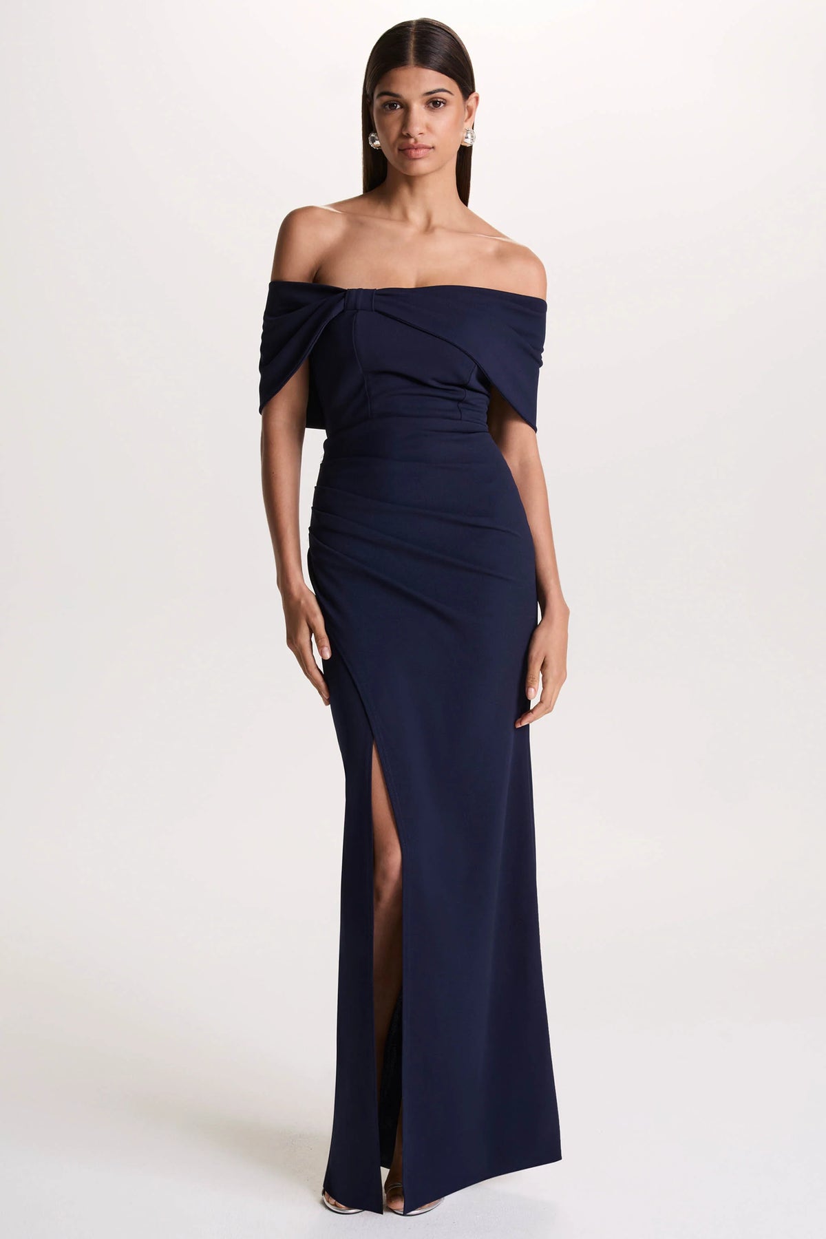 Eva | Navy Bardot Bow Detail Maxi Dress With Thigh Split