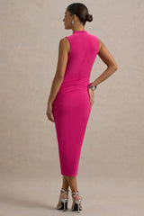 Estella | Hot Pink Midi Dress With Drape Skirt