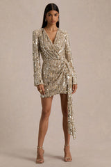 Carmina | Gold Sequin Plunge-Neck Wrap Mini Dress With Sash Detail
