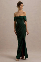 Annie | Bottle Green Satin Bardot Maxi Dress With Split Wrap Skirt