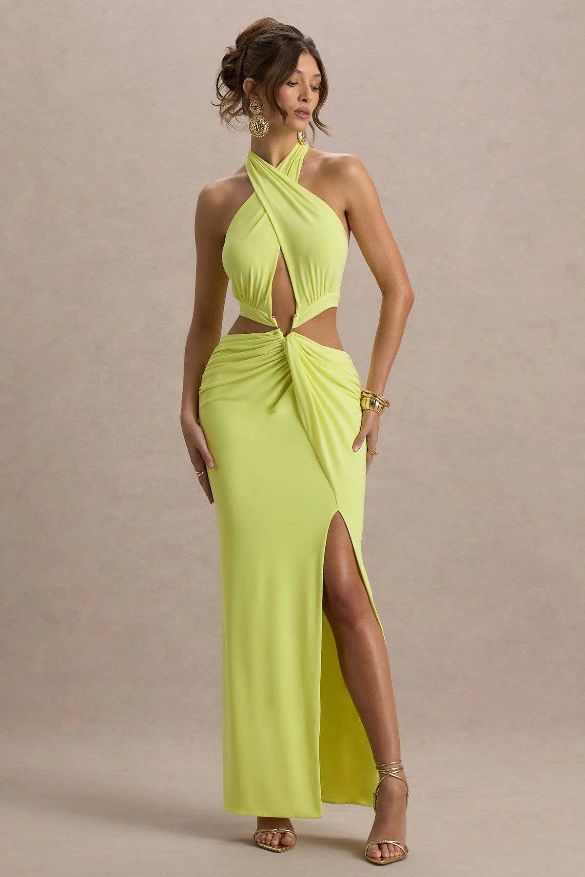 Aura | Lime Green Halter-Neck Cut-Out Split Maxi Dress