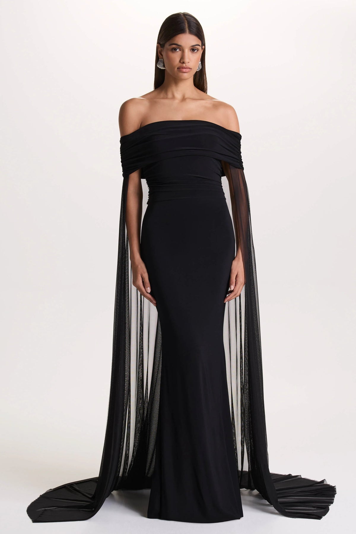 Carlotta | Black Bardot Maxi Dress With Chiffon Cape