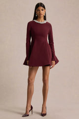 Eletta | Burgundy Embellished Crew-Neck Mini Dress