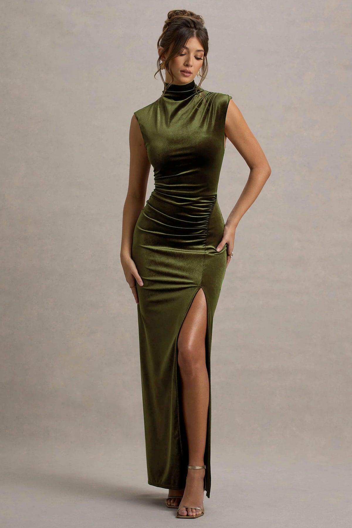 Abilene | Olive Velvet High-Neck Split Maxi Dress