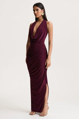 Cairo | Burgundy Cowl-Neck Maxi Dress With Gathered Detailing