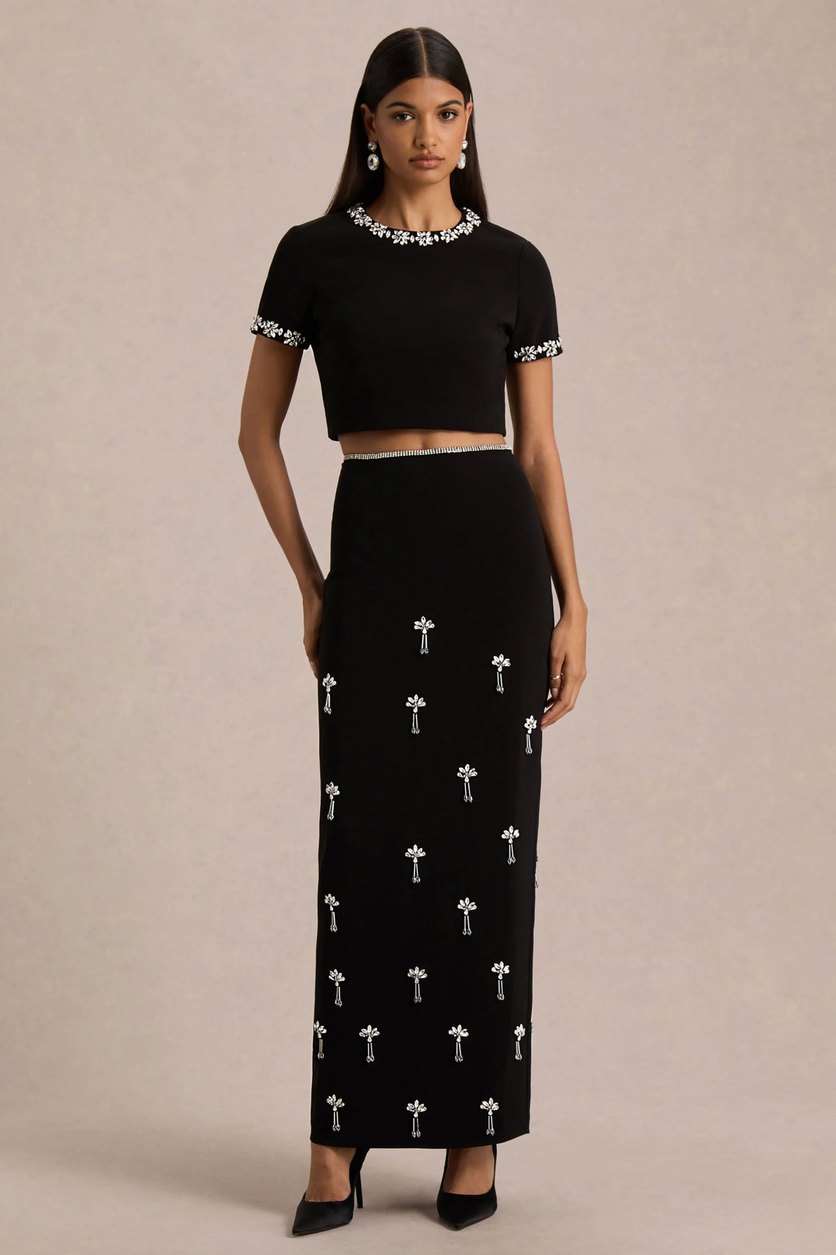 Aven | Black Hand-Embellished Maxi Skirt