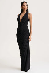 Desiree | Black Plunge-Neck Maxi Dress With Draped Detailing