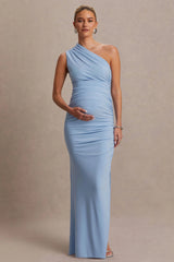 Darcie | Powder Blue Asymmetric-Neck Maternity Maxi Dress