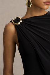 Cressida | Black Asymmetric-Neck Maxi Dress With Cape And Gold Detail