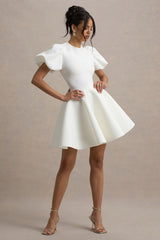 Emelia | White Puff-Sleeve Skater Mini Dress