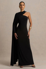Dawn | Black High-Neck Maxi Dress With One Long Cape-Sleeve