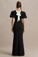 Carolina | Black Puff-Sleeve Maxi Dress With White Bow Detail