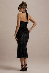 Adee | Black Sequin Velvet Halter-Neck Midi Dress With Bow
