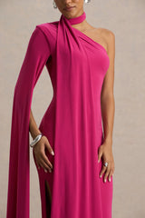 Amal | Hot Pink Asymmetric-Neck Maxi Dress With Scarf and Cape Detail