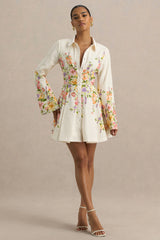 Alma | White Floral Border Print Shirt Mini Dress With Fluted Sleeves
