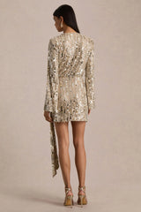 Carmina | Gold Sequin Plunge-Neck Wrap Mini Dress With Sash Detail