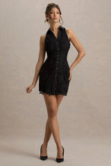 Bronwyn | Black Lace Plunge-Neck Buttoned Mini Dress