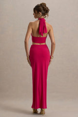 Aura | Hot Pink Halter-Neck Cut-Out Split Maxi Dress
