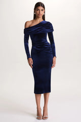 Eirene | Blue Velvet Asymmetric-Neck Midi Dress