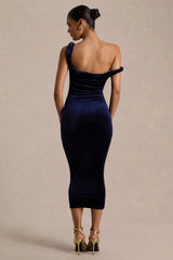 Carella | Navy Velvet Twisted Asymmetric Midi Dress
