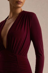 Command | Burgundy Plunge-Neck Maxi Dress With Front-High Split