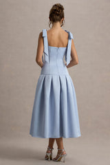 Alberta | Powder Blue Satin Square-Neck Midi Dress With Bow Straps