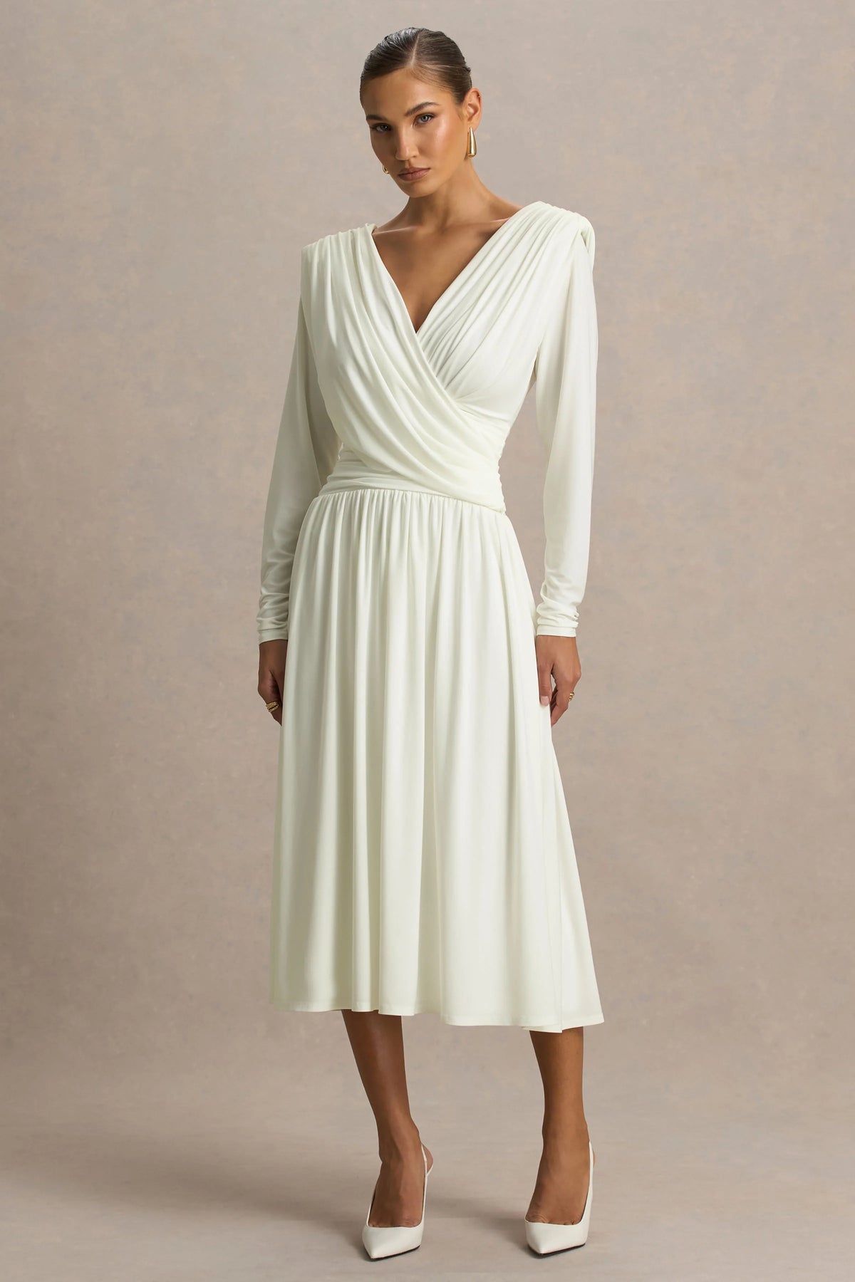 Alexis | Cream Plunge-Neck Midi Dress With Draped And Ruched Detailing