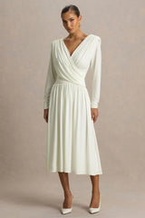 Alexis | Cream Plunge-Neck Midi Dress With Draped And Ruched Detailing
