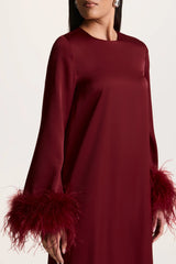 Adella | Burgundy Satin Feather-Trim Maxi Dress