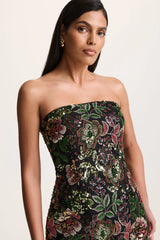Cora | Winter Floral Embellished Mesh Bandeau Maxi Dress With Scarf